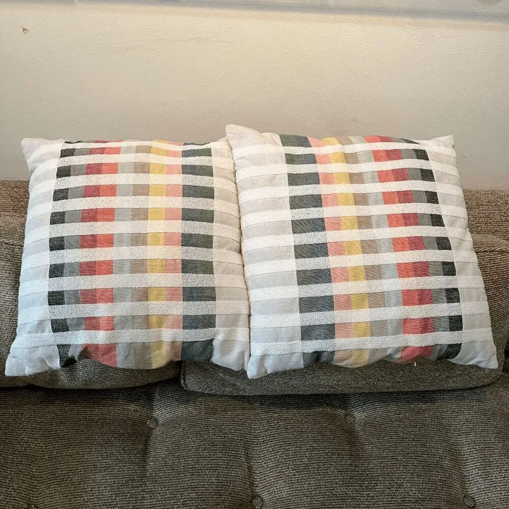 Set 2 Modern Woven Throw Pillows 18x18 Multicolor Grid Pattern Scandi MCM